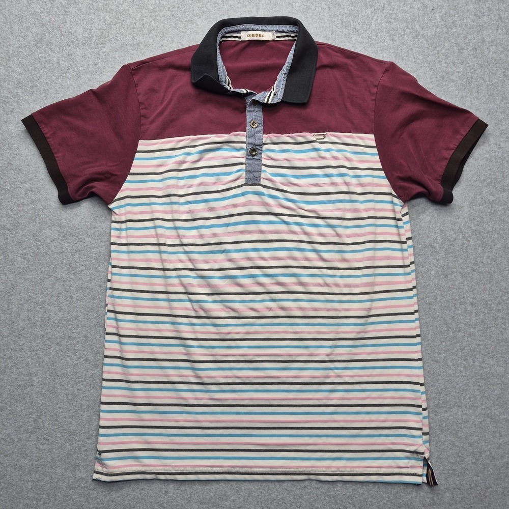 Diesel Polo Shirt Mens XL Colorblock Striped Short Sleeve Maroon Casual Y2K Top